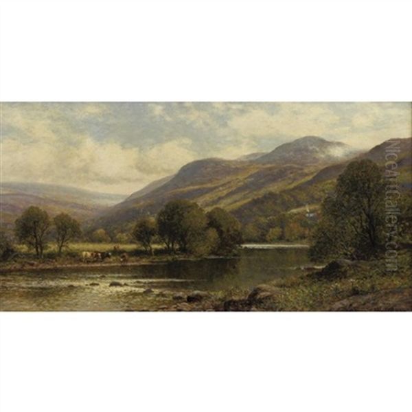 River Landscape With Watering Cattle - view 1