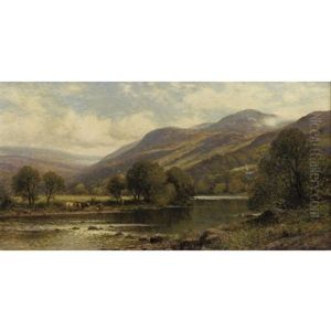 River Landscape With Watering Cattle by Alfred Augustus Glendening Sr.