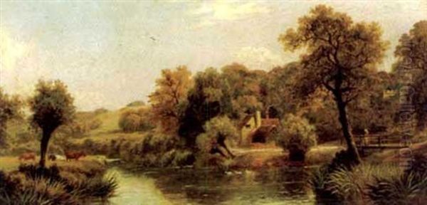 Cottage By A Stream With A Girl On A Bridge And Cattle Grazing In A Nearby Field - view 1
