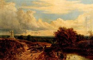 Driver With Horse Cart And Dog On A Road Near A Pond With Distant Windmill by Alfred Augustus Glendening Sr.