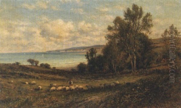 A Shepherd Driving Sheep Near The Coast - view 1