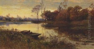 Landschaft Mit Flus Und Kleinem Kahn Landschaft Mit Flus Und Kleinem Kahn