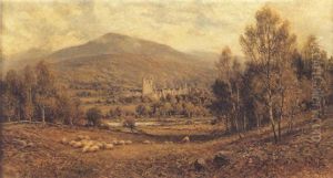 Shepherd And Sheep In A Landscape With A Castle Beyond by Alfred Augustus Glendening Sr.