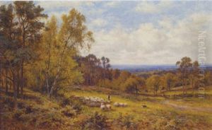 Sheep And Shepherd In A Kentish Landscape by Alfred Augustus Glendening Sr.
