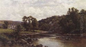 English River Landscape With Fishermen And Church Ruins by Alfred Augustus Glendening Sr.