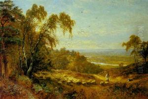 An Extensive River Landscape With A Shepherd And His Flock In The Foreground by Alfred Augustus Glendening Sr.