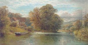 An Angler In A Boat, Near Shepperton, On The Thames by Alfred Augustus Glendening Sr.