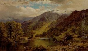 Inverness Mountain Landscape With Cattle And Figures by Alfred Augustus Glendening Sr.