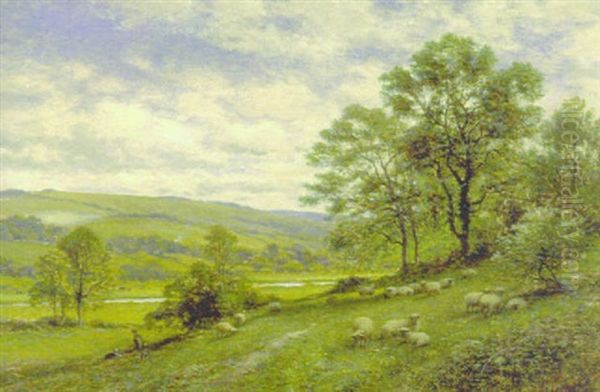 Shepherd And Flock In Tranquil Summer Landscape - view 1