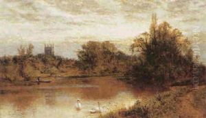 Swans On A River Before A Church