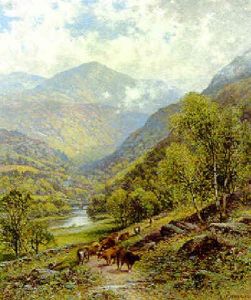 A Mountainous River Landscape With A Drover And Cattle by Alfred Augustus Glendening Sr.
