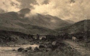 A Highland Landscape With A Cowherd Driving Cattle Across A Stream by Alfred Augustus Glendening Sr.