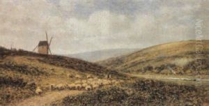 Sheep And Shepherd On A Country Lane by Alfred Augustus Glendening Sr.
