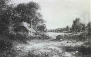 Sheep By A Country Cottage, A Harvest Scene Beyond by Alfred Augustus Glendening Sr.