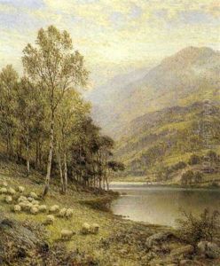 A Wooded River Landscape With A Flock Of Sheep by Alfred Augustus Glendening Sr.
