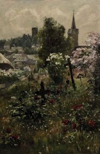 Blick Uber Einen Verwilderten Friedhof Auf Eine Stadt