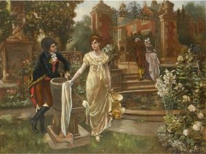 A Soldier And A Lady Conversing In A Stately Garden Whilst Another Couple Walk Back Towards The House by Henry Gillard Glindoni