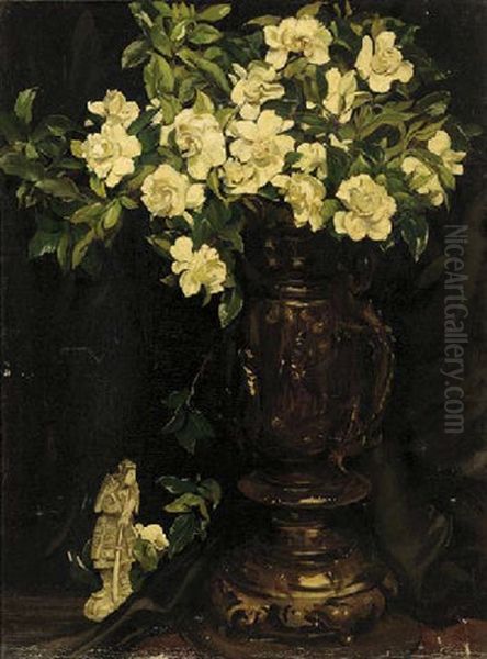 Flowers In A Chinese Vase, With An Ivory Figure On A Table - view 1