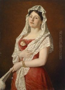 Bildnis Einer Dame Mit Weiser Spitzenmantille Und Facher by Ludwig Gloss