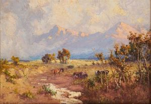 Cattle In A Mountainous Landscape by Allerley Glossop