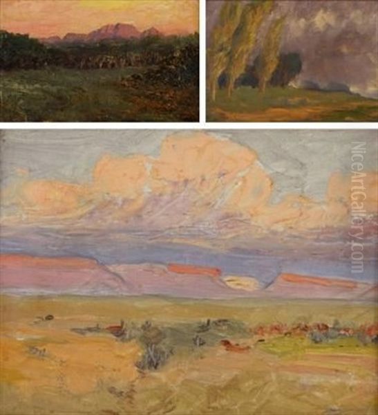 Poplar Trees In A Stormy Landscape; Clouds Over Distant Moutains And Early Evening In A Clearing (3 Works) - view 1