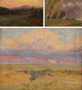 Poplar Trees In A Stormy Landscape; Clouds Over Distant Moutains And Early Evening In A Clearing (3 Works) by Allerley Glossop