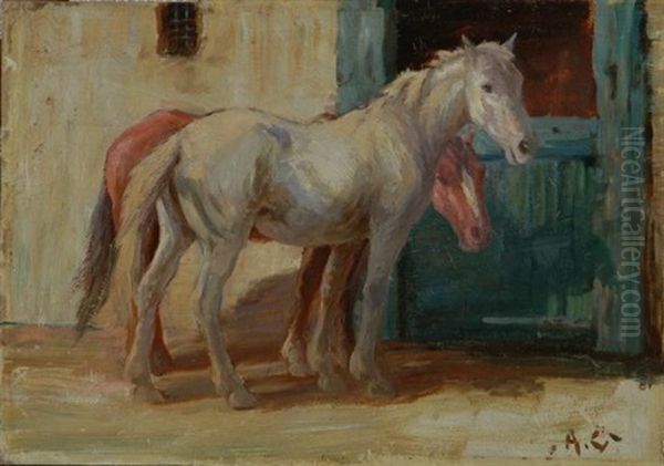 Two Horses Outside A Stable - view 1
