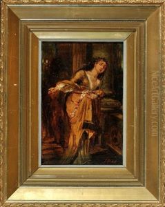 Dame Mit Blumen Im Nachtlichen Haus by Ludwig Glotzle