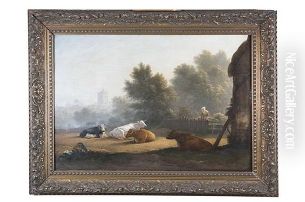 Figures By A Farmstead With Cattle Resting In The Foreground - view 1