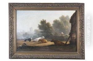 Figures By A Farmstead With Cattle Resting In The Foreground Figures By A Farmstead With Cattle Resting In The Foreground