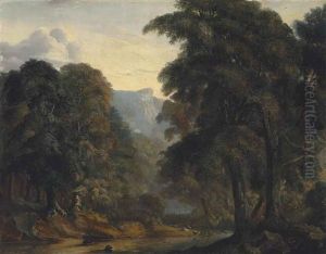 An Extensive Wooded River Landscape, With Deer And Goats Watering By A Riverbank by John Glover
