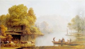 Cattle And Ferry On The Thames, Windsor Castle Beyond by John Glover