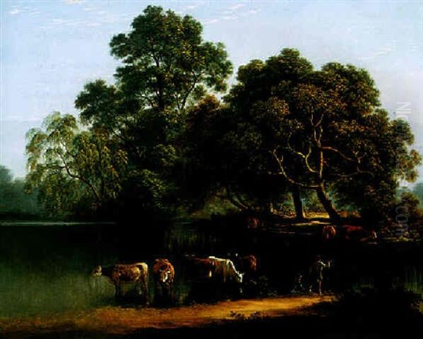 Farmers With Their Cattle Resting In A Lake - view 1