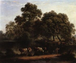 Early Morning, Anglers At A Wooded River Bank With Cattle Watering