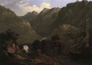 A View At Port Averglastyn, North Wales With Figures In The Foreground by John Glover