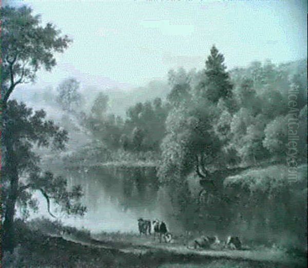 Cattle Watering On The Banks Of A River In A Hilly Landscape - view 1