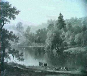 Cattle Watering On The Banks Of A River In A Hilly Landscape