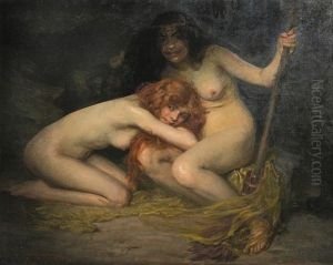 Zwei Junge Nackte Hexen In Einer Grotte by Simon Gluecklich