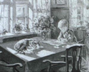 Interiir Med Lille Dreng Og Kat Som Slikker Solskin by Wilfred Glud