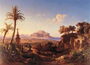 Figures Before A Shrine With A View Of Palermo Beyond