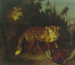 Zwei Fuchse Mit Erlegtem Fasan by Peter Gnehm