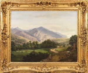 Paysage Alpin Avec Troupeau, Personnages Et Charrette Dans Une Vallee