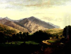 Paysage Alpin Avec Troupeau, Personnages Et Charrette Dans Une Vallee by Gaspard Gobaut