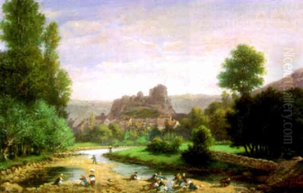 Wascherinnen Am Flus Vor Einer Schlosruine - view 1
