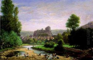 Waescherinnen Am Fluss Vor Einer Schlossruine