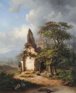 Paysage Mediterraneen Et Montagneux Anime D`un Couple De Bergers Au Betail Pres D`une Ruine by Bernard van Gobbelschroy