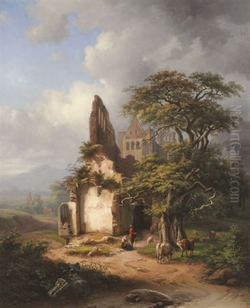 Paysage Mediterraneen Et Montagneux Anime D'un Couple De Bergers Au Betail Pres D'une Ruine - view 1