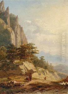 Figures In A Mountain Landscape by Bernard van Gobbelschroy