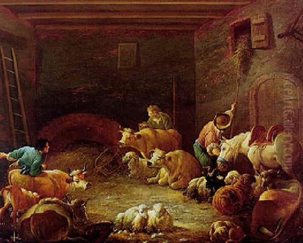 Interior Of A Barn With Peasants And Animals - view 1