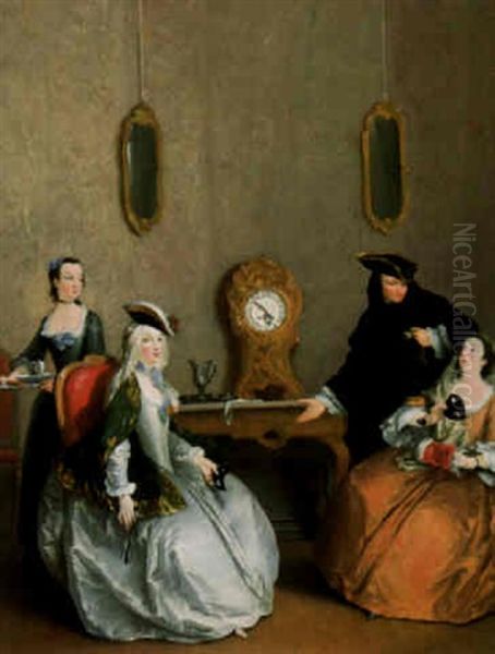 Ladies And A Gentleman Preparing To Go To The Masked Ball - view 1